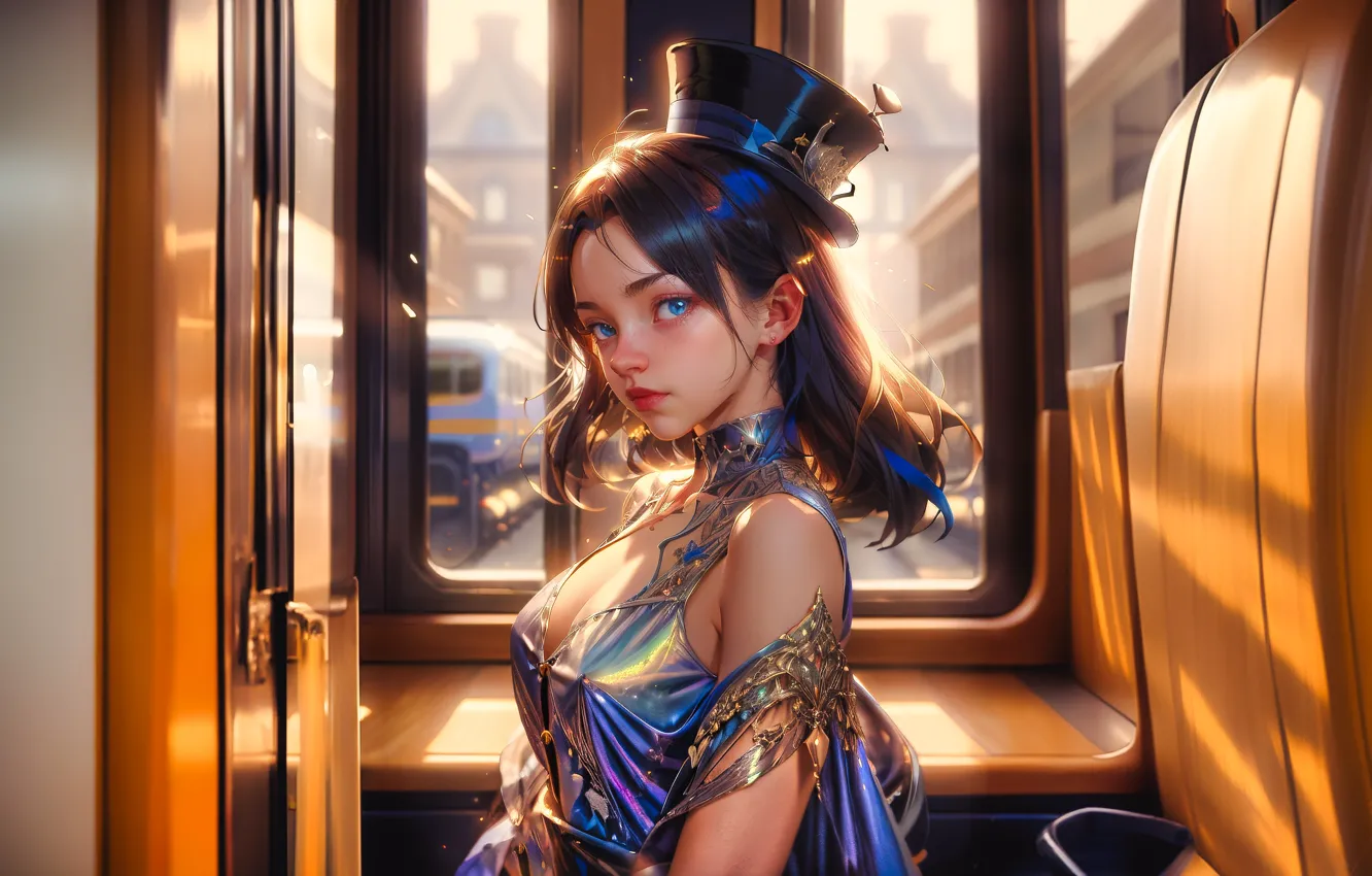 Photo wallpaper dress, hat, train, digital art, artwork, sitting, cabin, looking at viewer