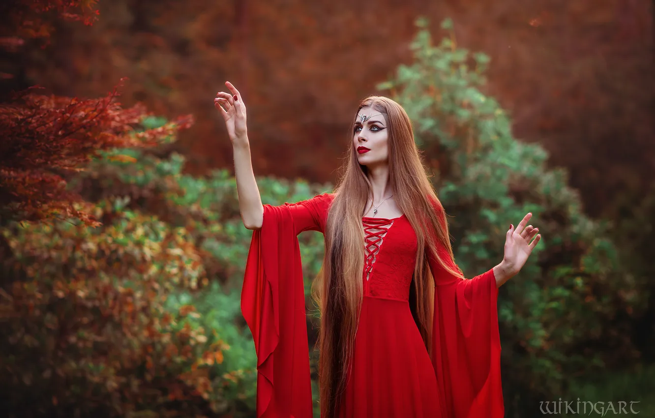 Photo wallpaper autumn, look, girl, decoration, red, nature, pose, arrows