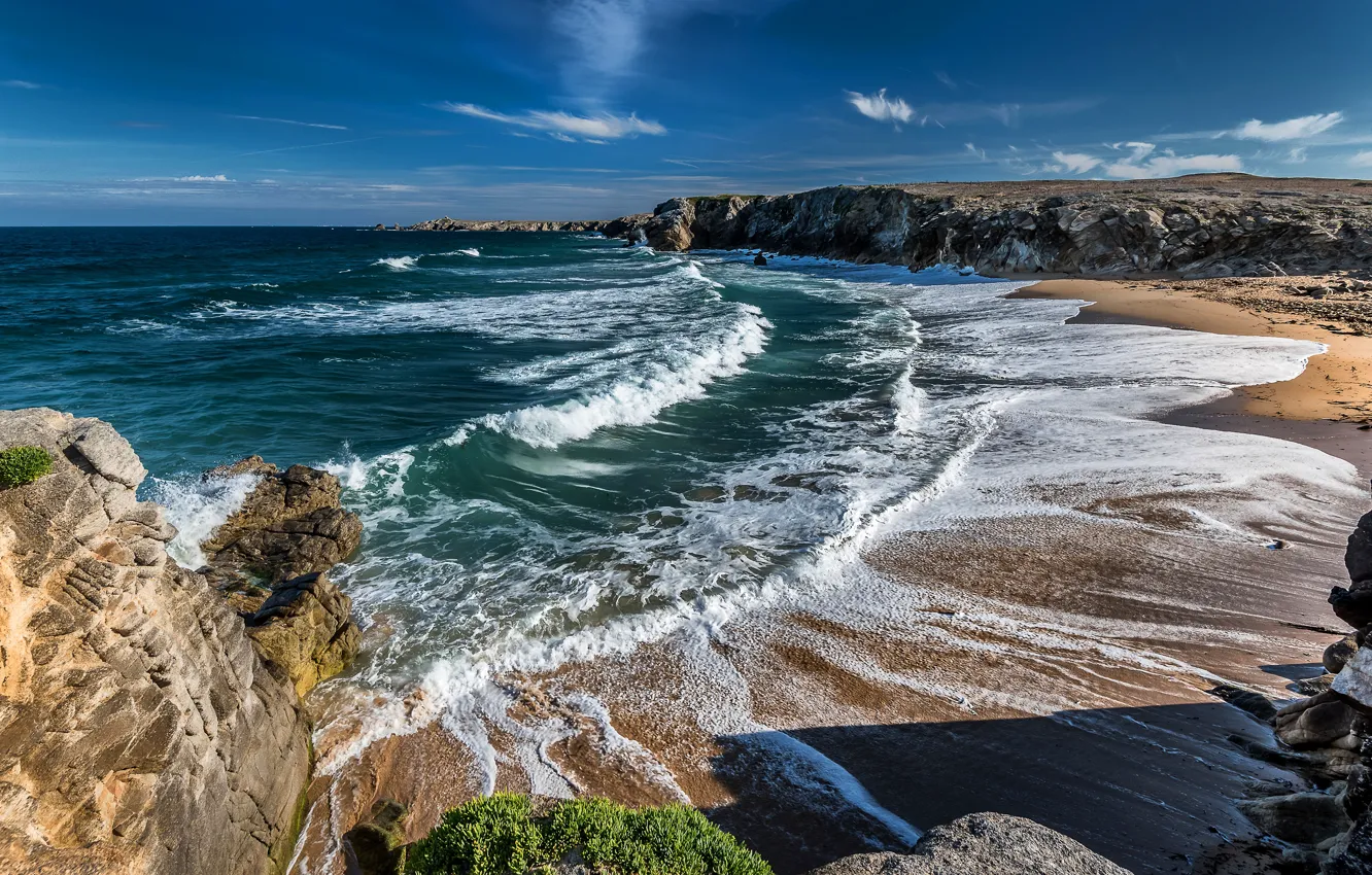 Photo wallpaper sea, wave, beach, foam, stones, rocks, stay, relax