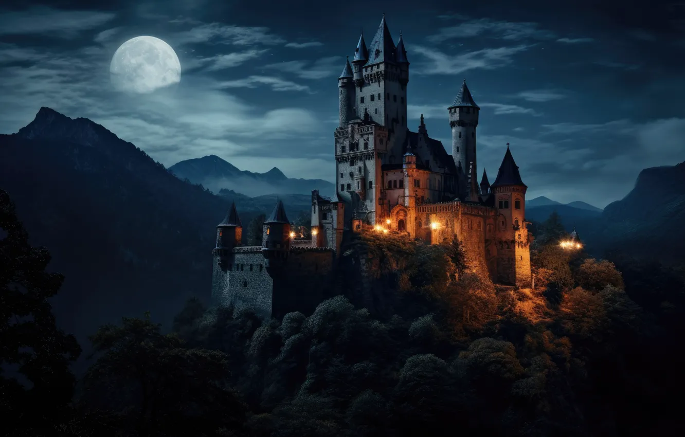 Photo wallpaper night, castle, rocks, dark, old, moon, view, old