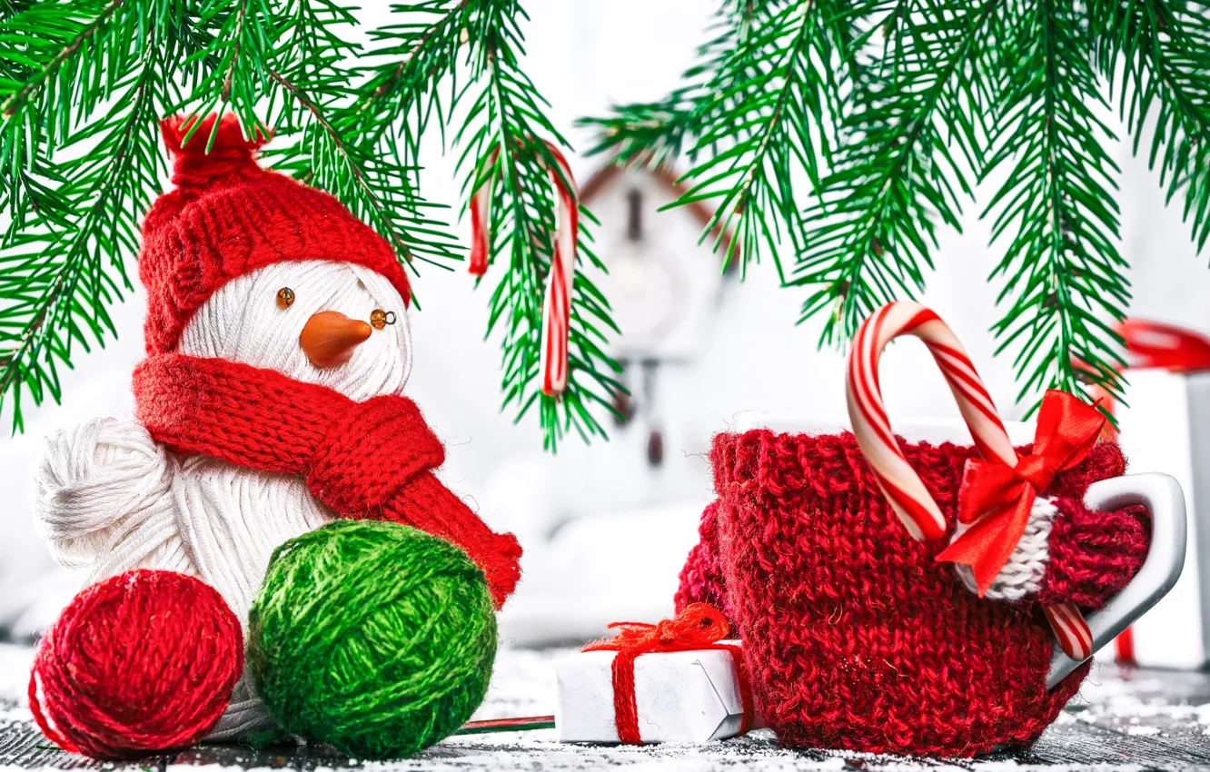 Photo wallpaper branches, background, gift, new year, spruce, snowman, box, gift