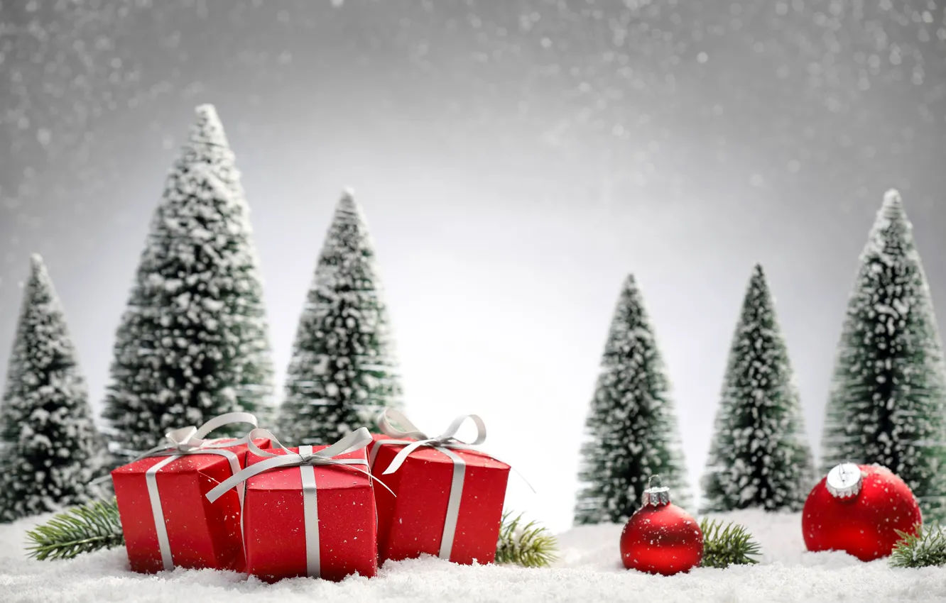 Photo wallpaper snow, tree, Christmas, gifts, New year, Christmas, Photos, vectors