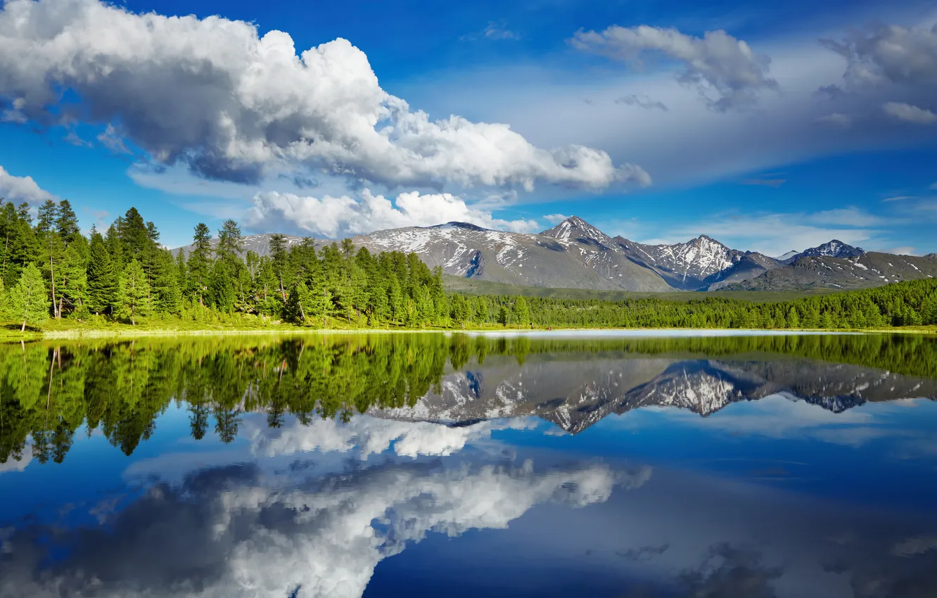 Photo wallpaper forest, clouds, landscape, mountains, nature, lake, reflection