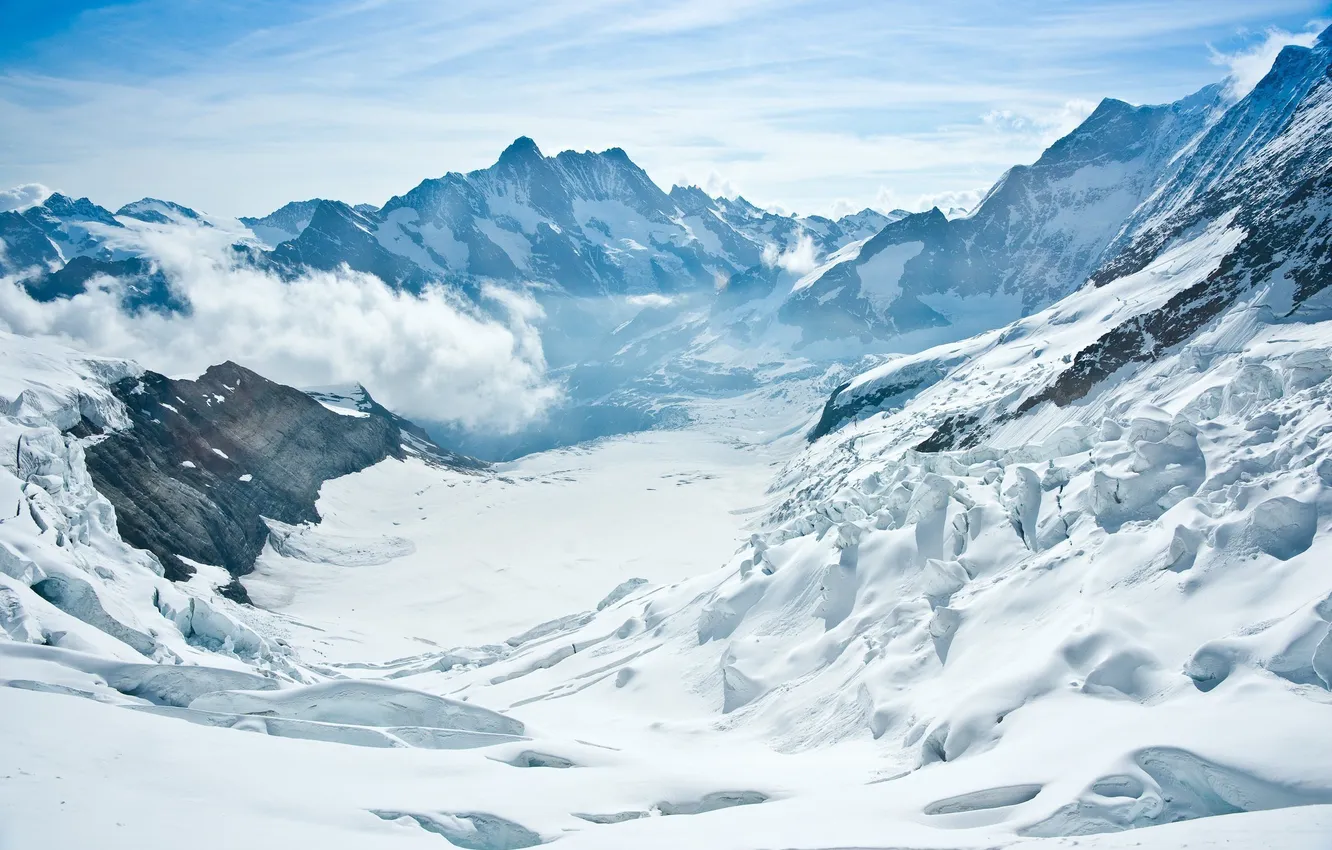 Photo wallpaper winter, the sky, clouds, snow, landscape, mountains, nature, rocks