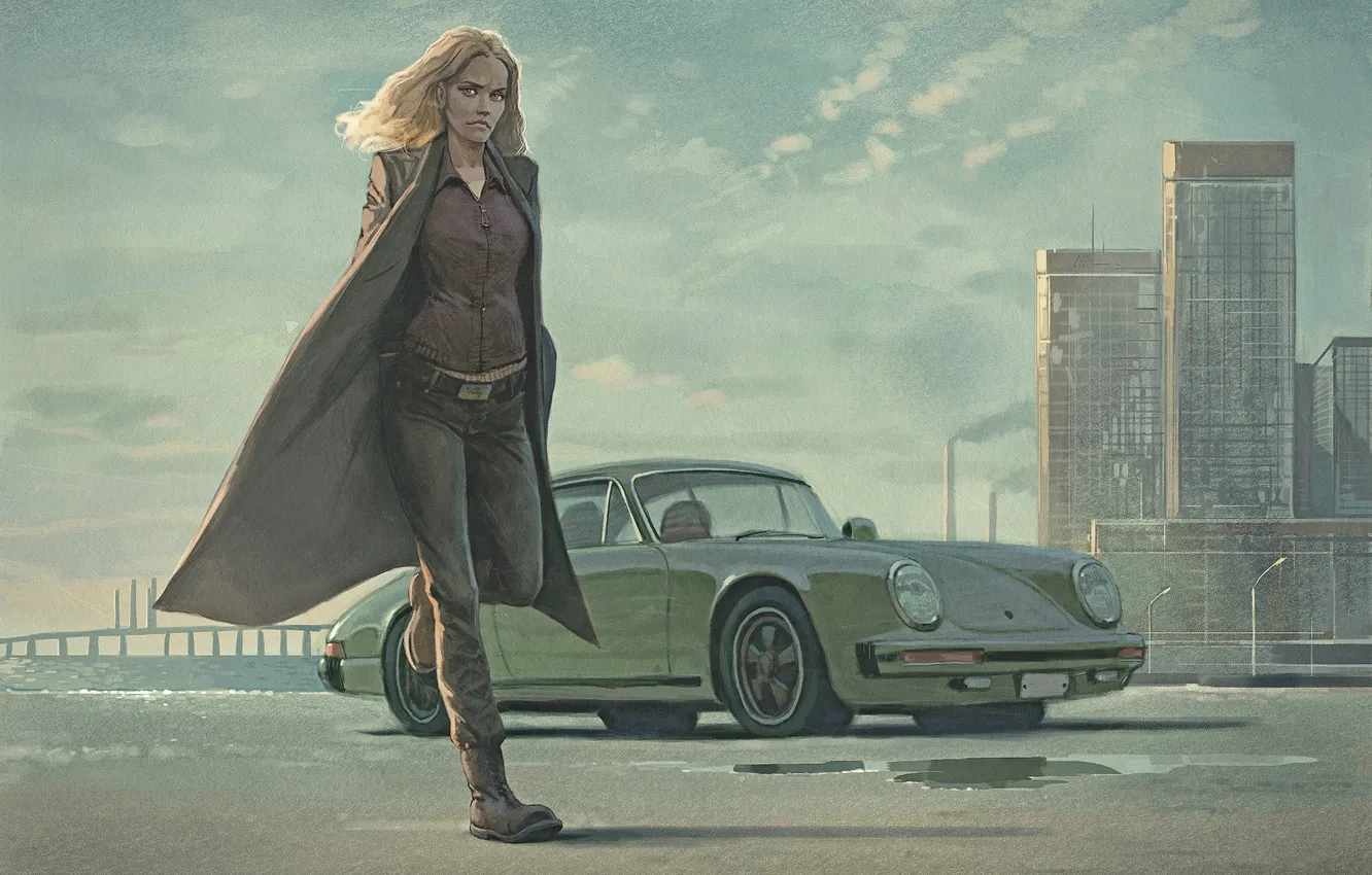 Photo wallpaper girl, police, Porsche, art, car, detective, saga noren