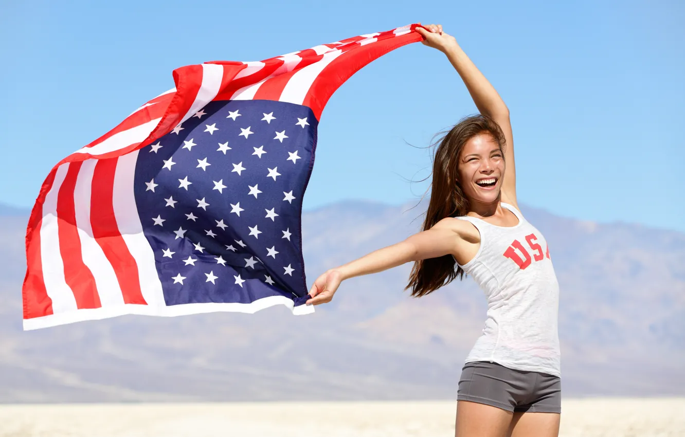 Photo wallpaper girl, USA, smile, flag