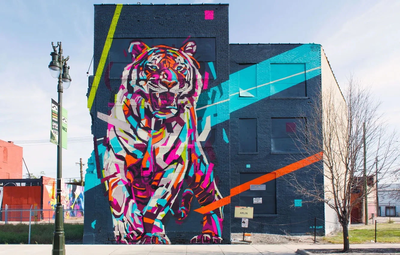 Photo wallpaper the sky, city, the city, tiger, street, building, grin, sky