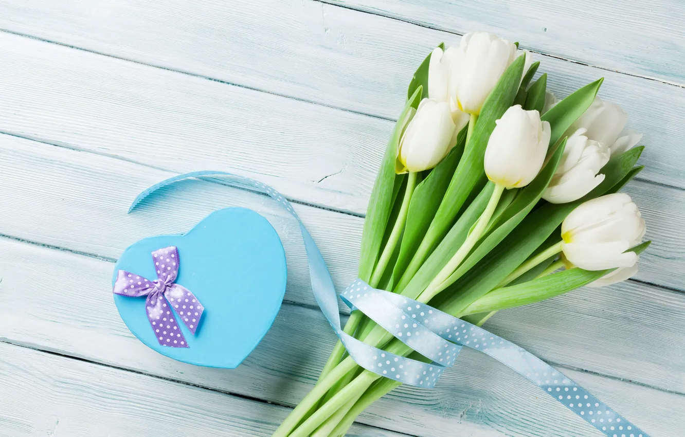 Photo wallpaper flowers, gift, bouquet, tulips, love, white, heart, wood