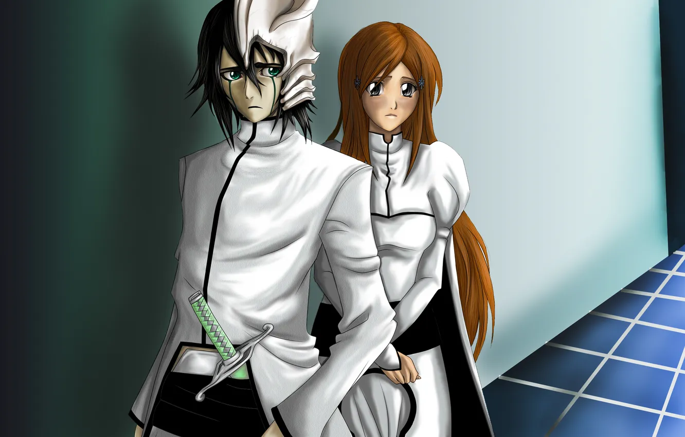 Photo wallpaper look, girl, weapons, fear, surprise, sword, guy, Bleach