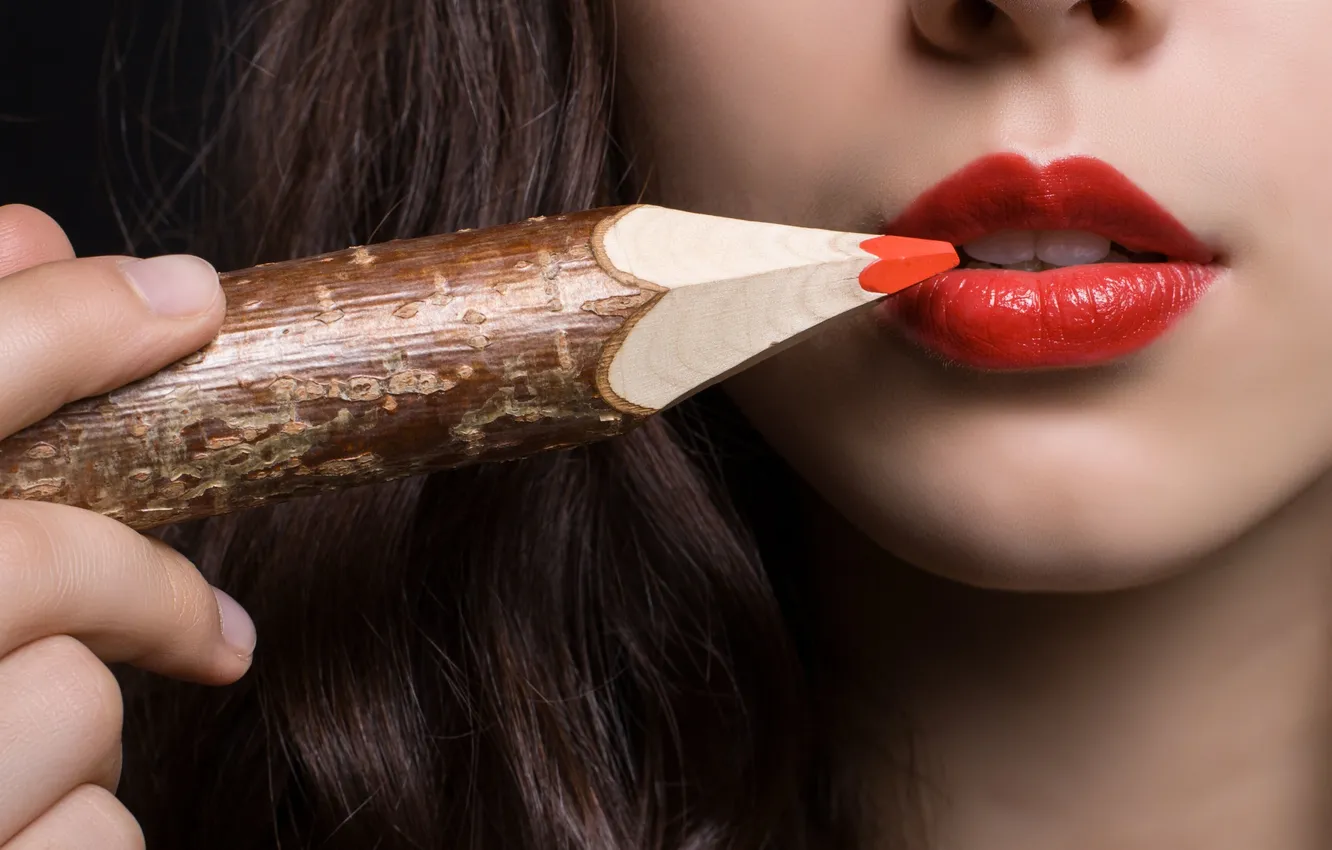 Photo wallpaper girl, pencils, brunette, lips