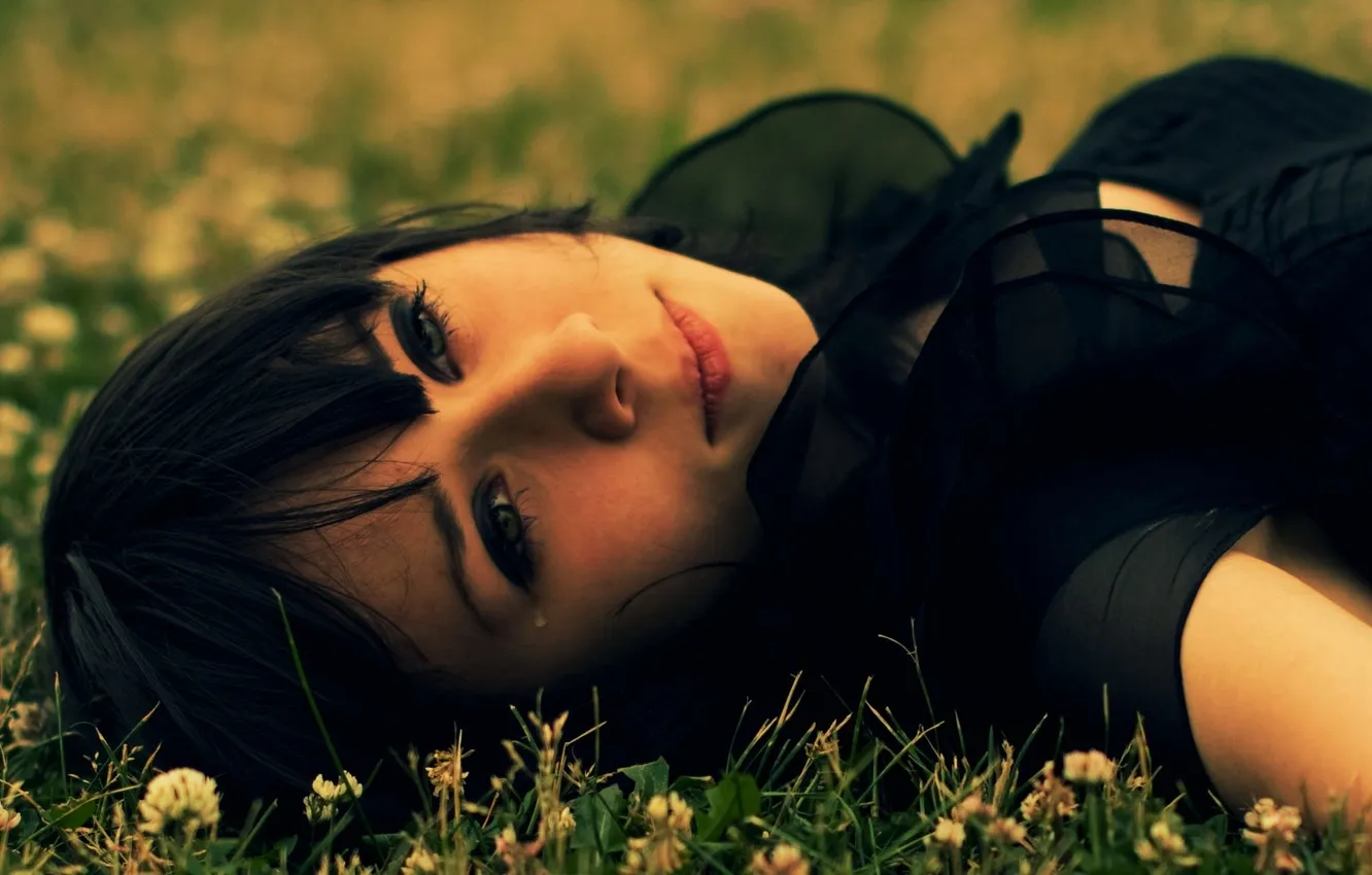 Photo wallpaper grass, look, girl, face, photo, mood, glade, dress