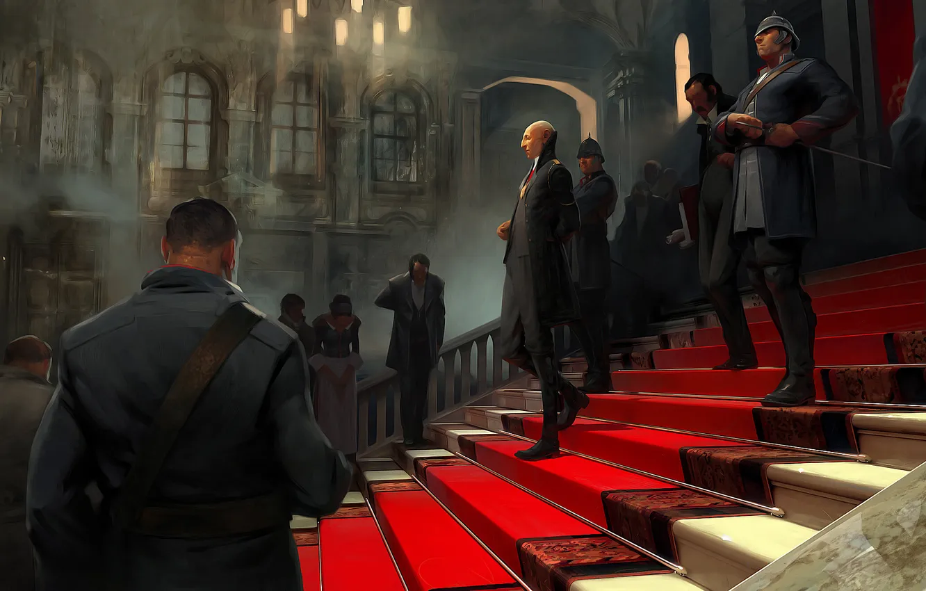 Photo wallpaper people, track, soldiers, stage, form, red, Palace, dishonored