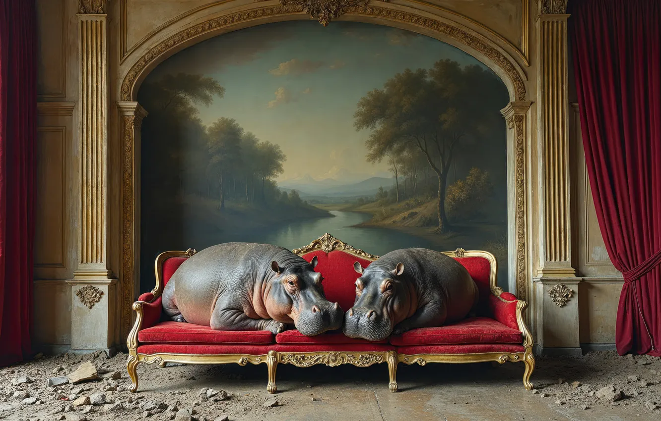 Photo wallpaper sofa, Hippo, AI ART