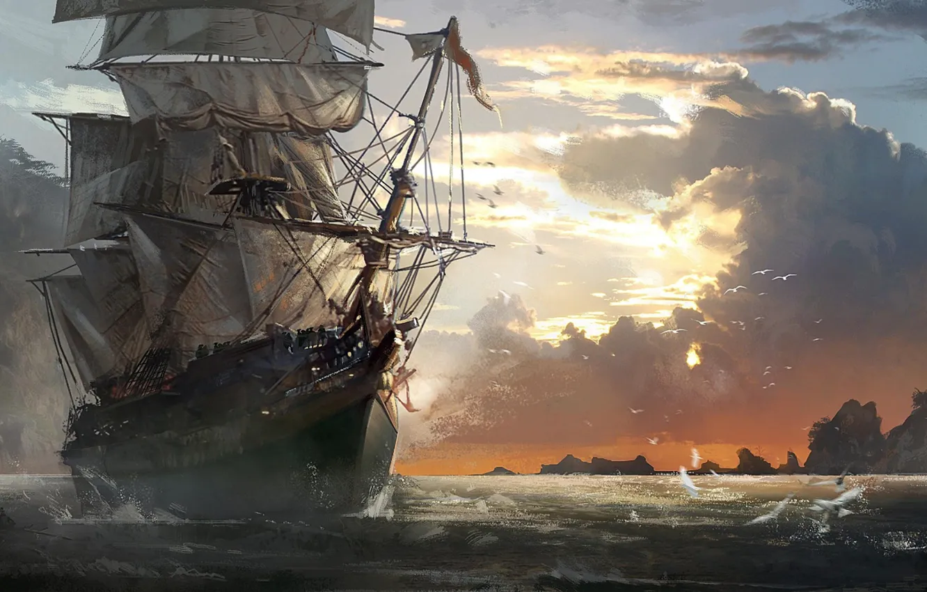 Photo wallpaper Assasin Creed, Assassin's Creed 4 Black Flag, the sky in the clouds, sailing ship, rocky …