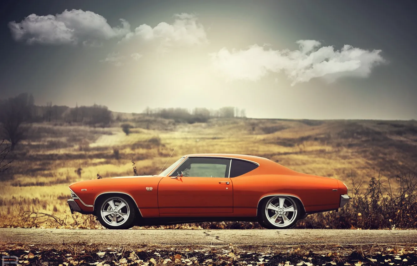 Photo wallpaper Chevrolet, 1969, Orange, Clouds, Sun, Chevelle, Sideview