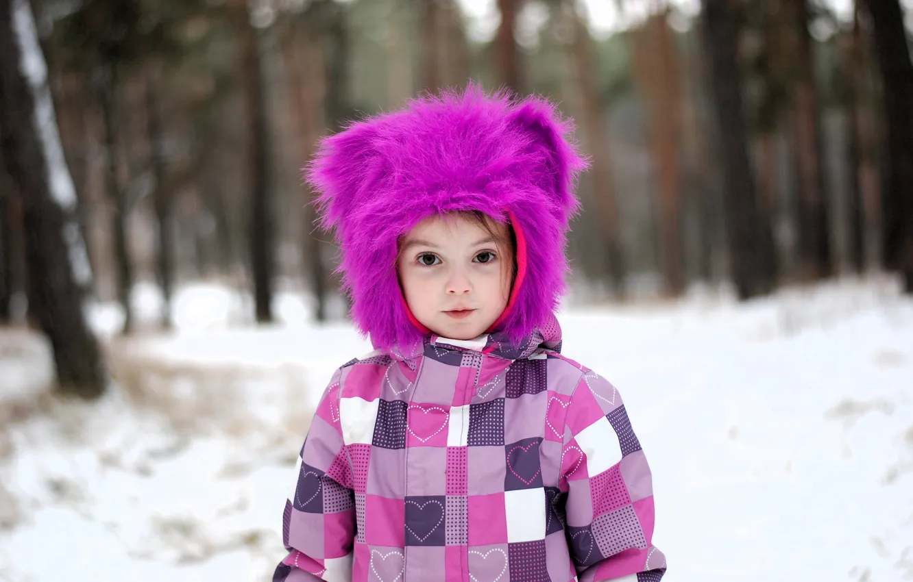 Photo wallpaper winter, forest, snow, children, hat, jacket, girl