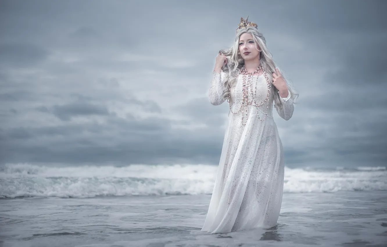 Photo wallpaper sea, wave, the sky, look, girl, clouds, decoration, pose