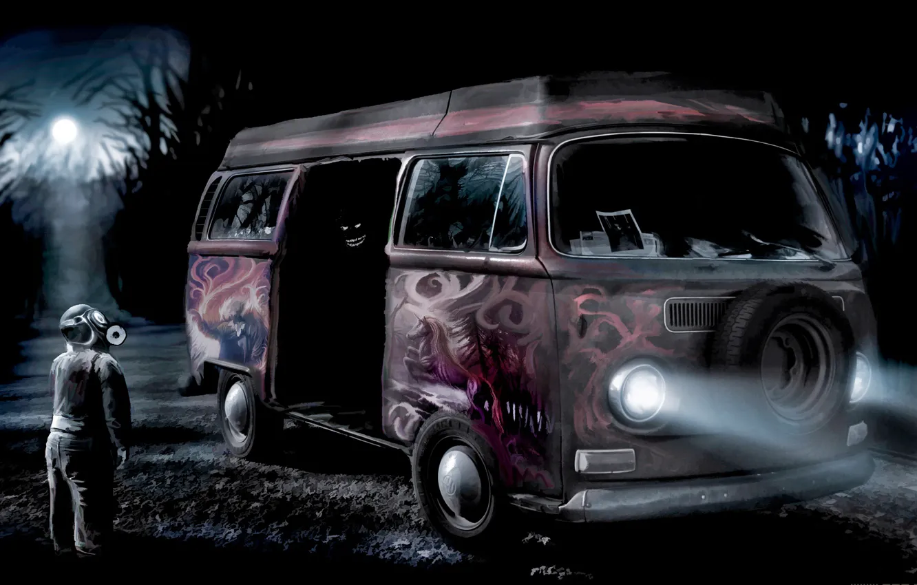 Photo wallpaper graffiti, people, mask, bus, romantically apocalyptic, don't procure confectionary from questionable vans