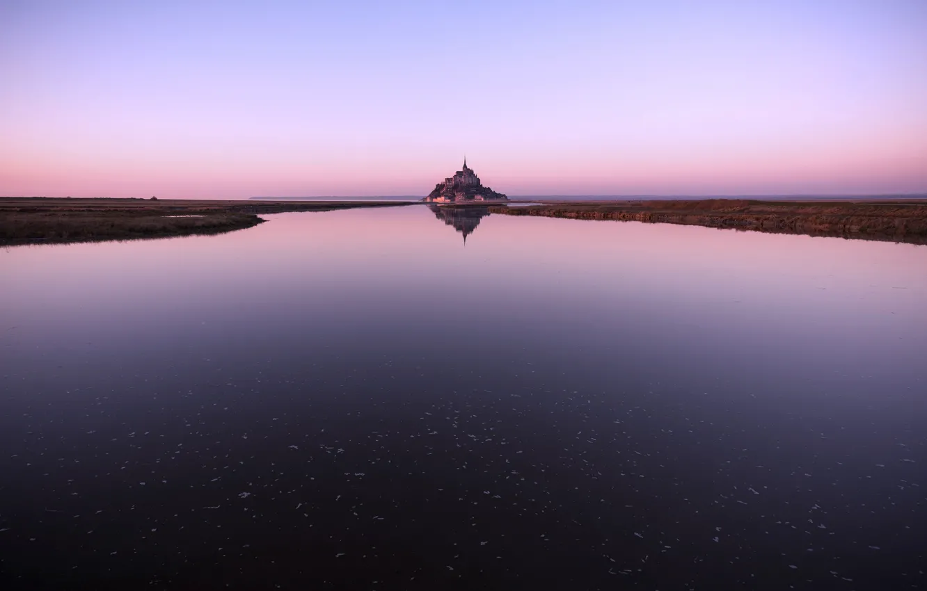 Photo wallpaper the sky, water, reflection, France, island, fortress, Mont-Saint-Michel, the mountain of the Archangel Michael