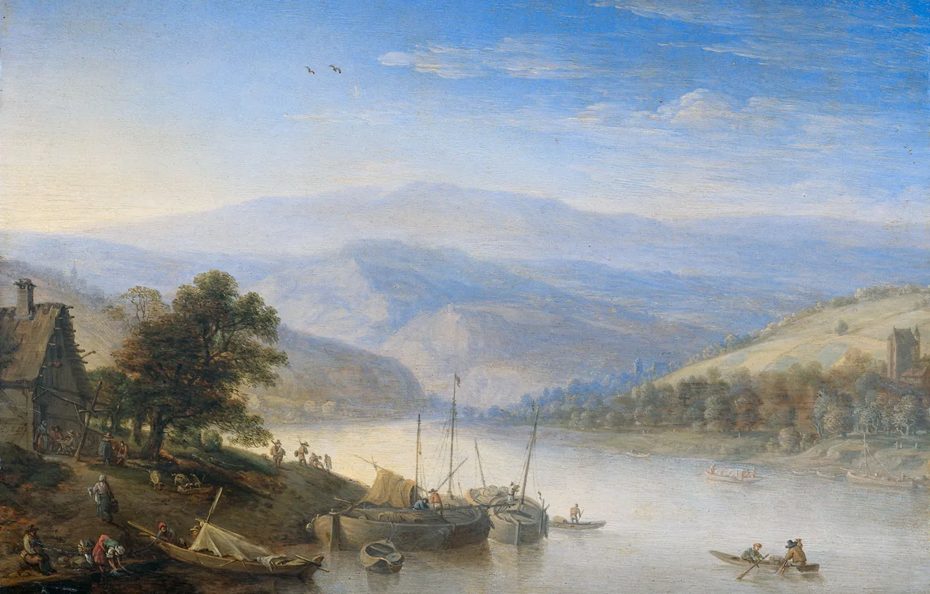 Photo wallpaper landscape, tree, oil, picture, Herman Saftleven, The view of the Rhine in Andernach