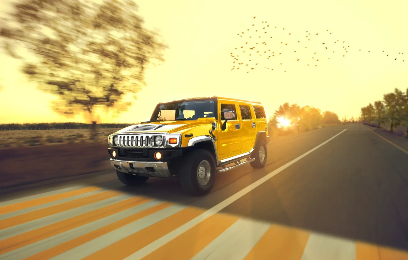 Photo wallpaper Speed, Hummer, Sun, Yellow, Road, Chrome