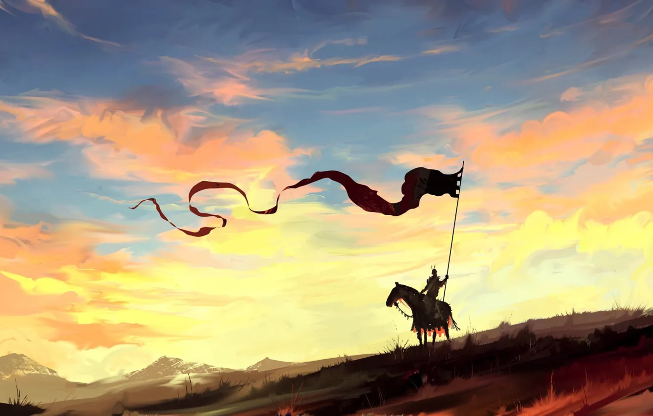 Photo wallpaper fantasy, sky, landscape, nature, clouds, painting, dragon, horse