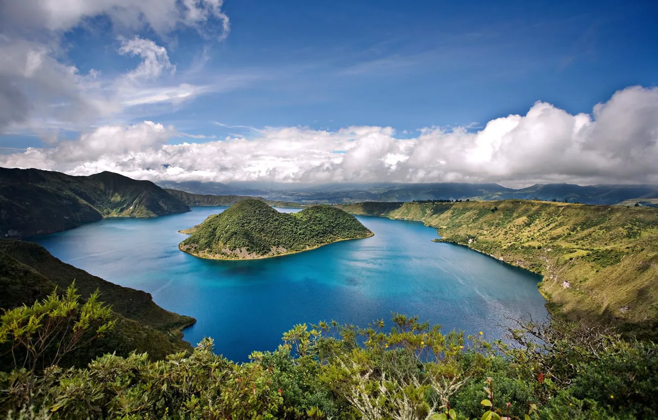 Photo wallpaper sky, clouds, lake, island