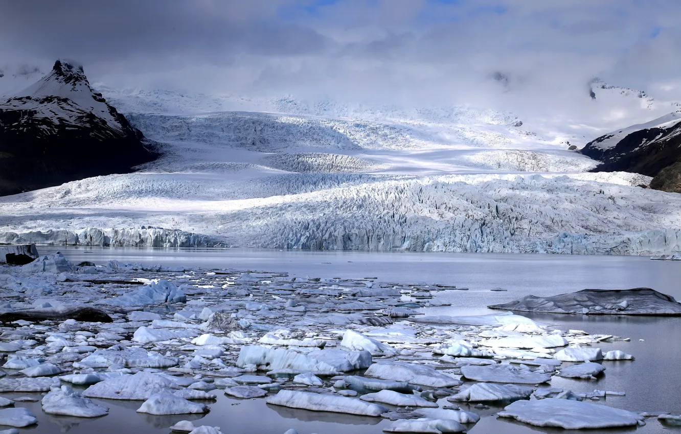 Photo wallpaper winter, light, snow, mountains, ice, glacier, ice, pond