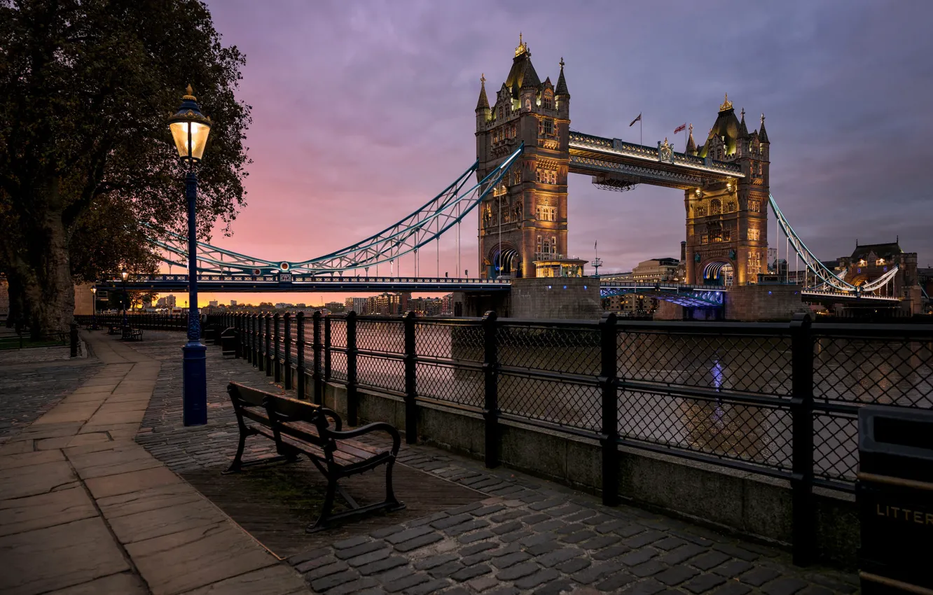 Photo wallpaper river, England, London, lights, Thames, Tower bridge, promenade, bench