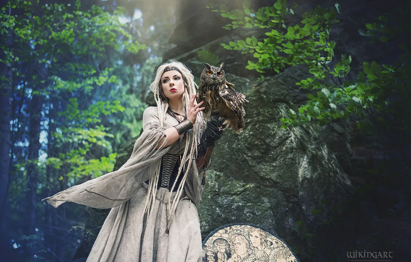 Photo wallpaper forest, girl, nature, pose, style, stones, rocks, owl