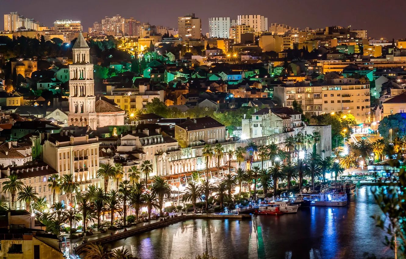 Photo wallpaper sea, night, lights, palm trees, yachts, promenade, Croatia, Split