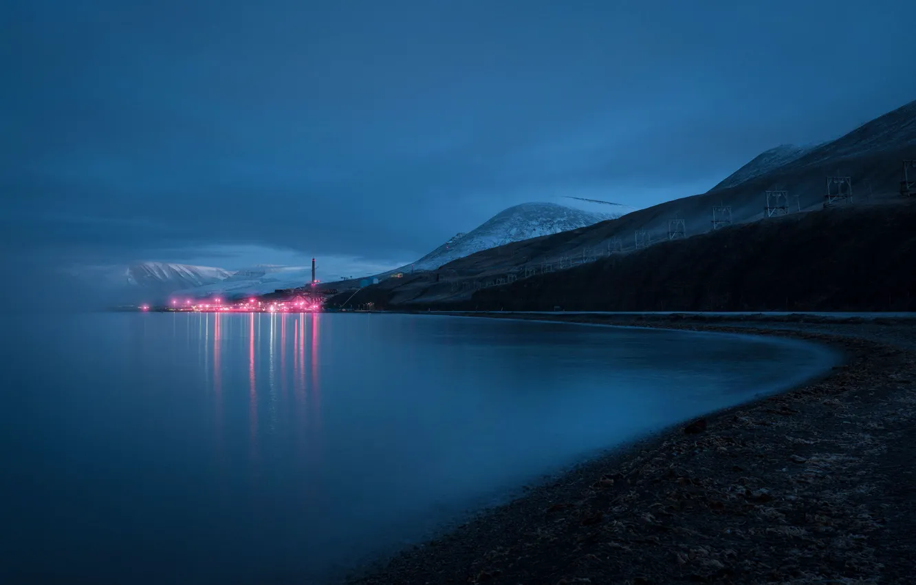 Photo wallpaper mountains, night, shore, Svalbard, Svalbard, Spitsbergen, KSAT, Reuben Wu