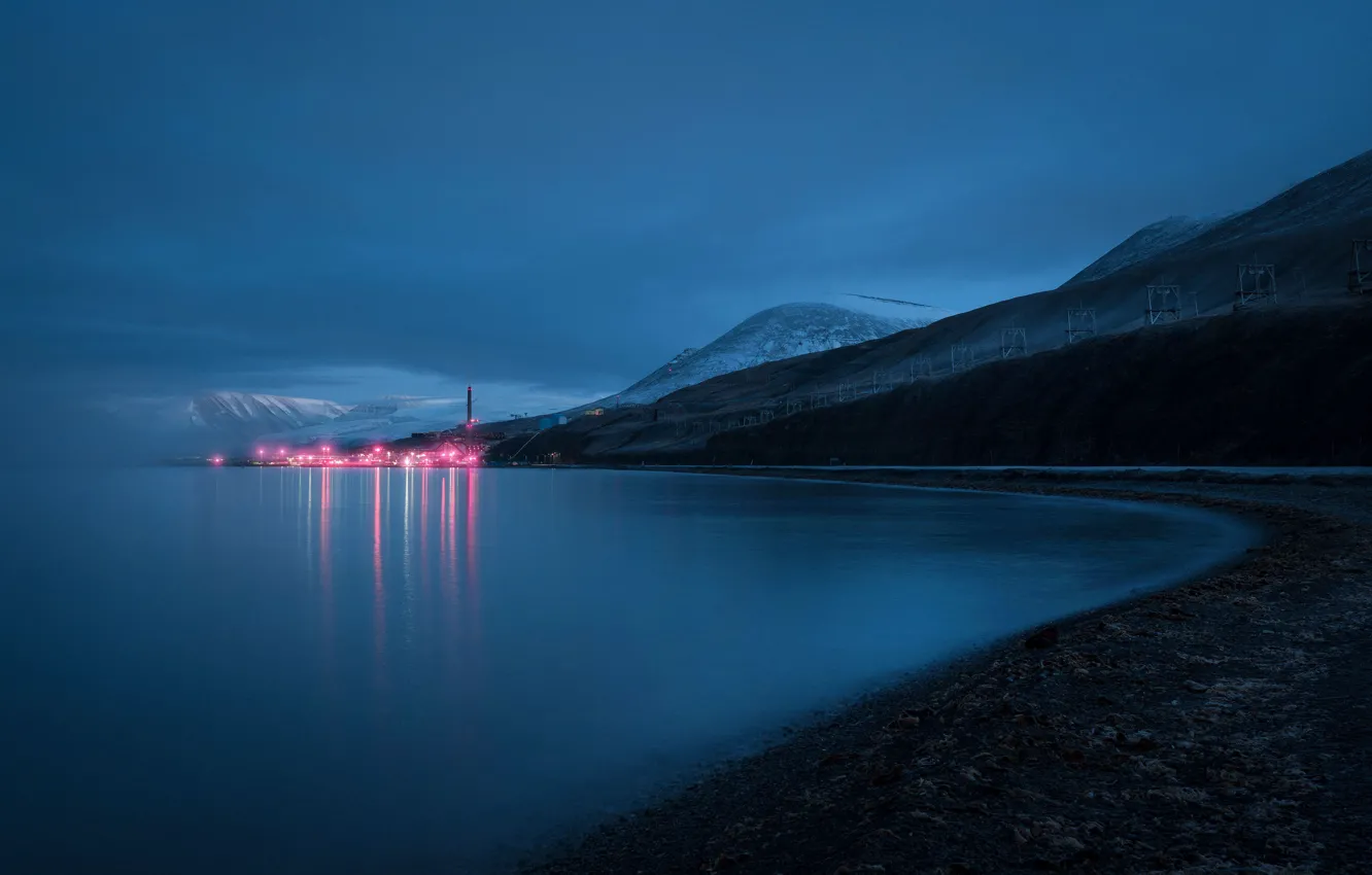 Photo wallpaper mountains, night, shore, Svalbard, Svalbard, Spitsbergen, light lantern, KSAT