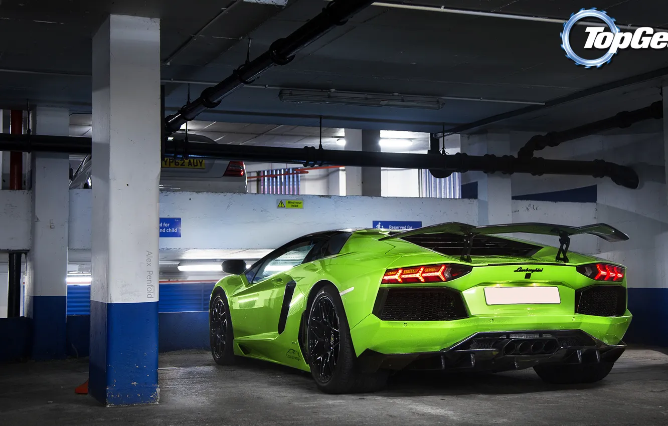 Photo wallpaper background, Lamborghini, Top Gear, Parking, rear view, Lamborghini, Aventador, the best TV show
