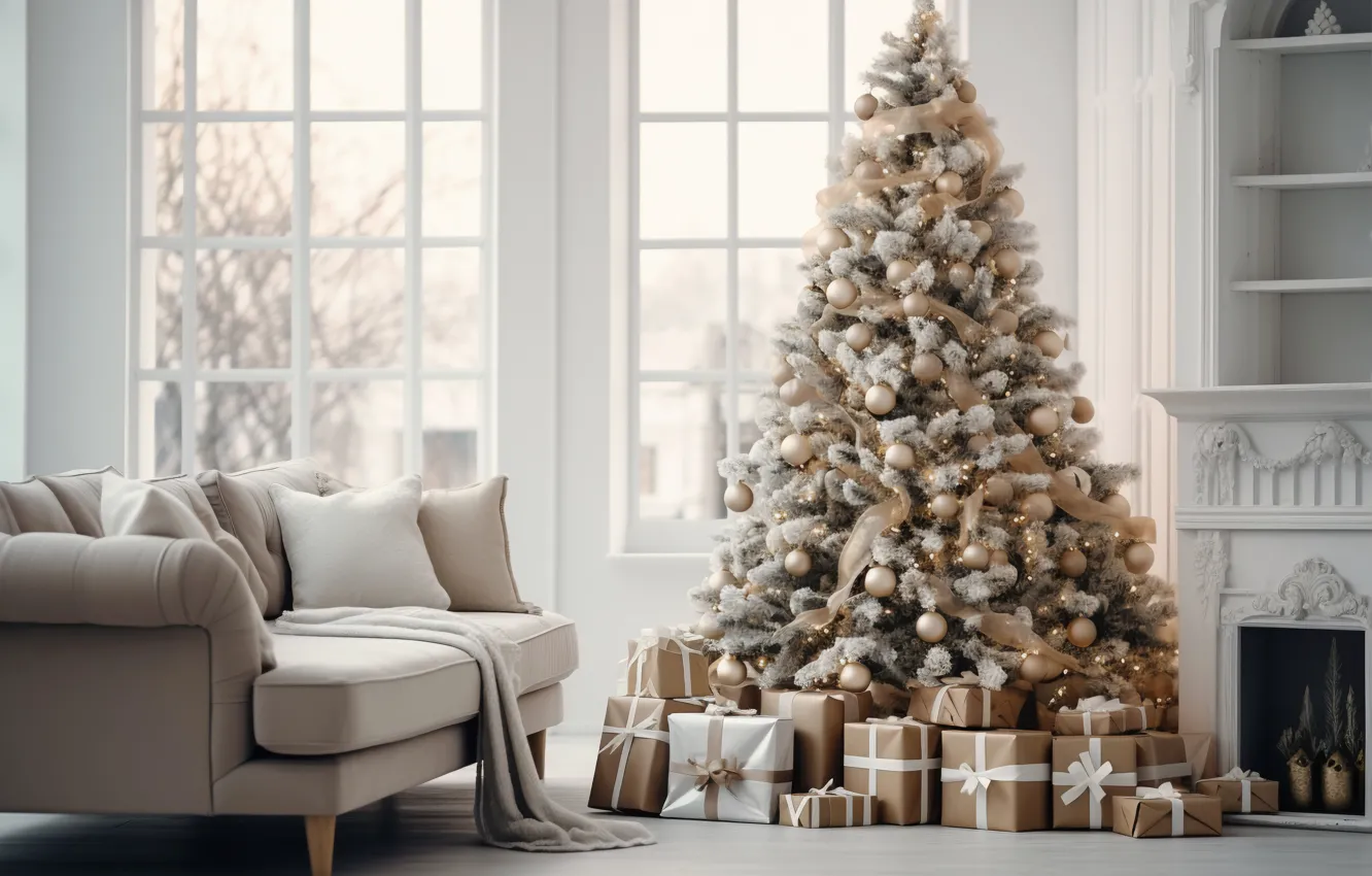 Photo wallpaper decoration, room, sofa, gift, balls, tree, new year, home