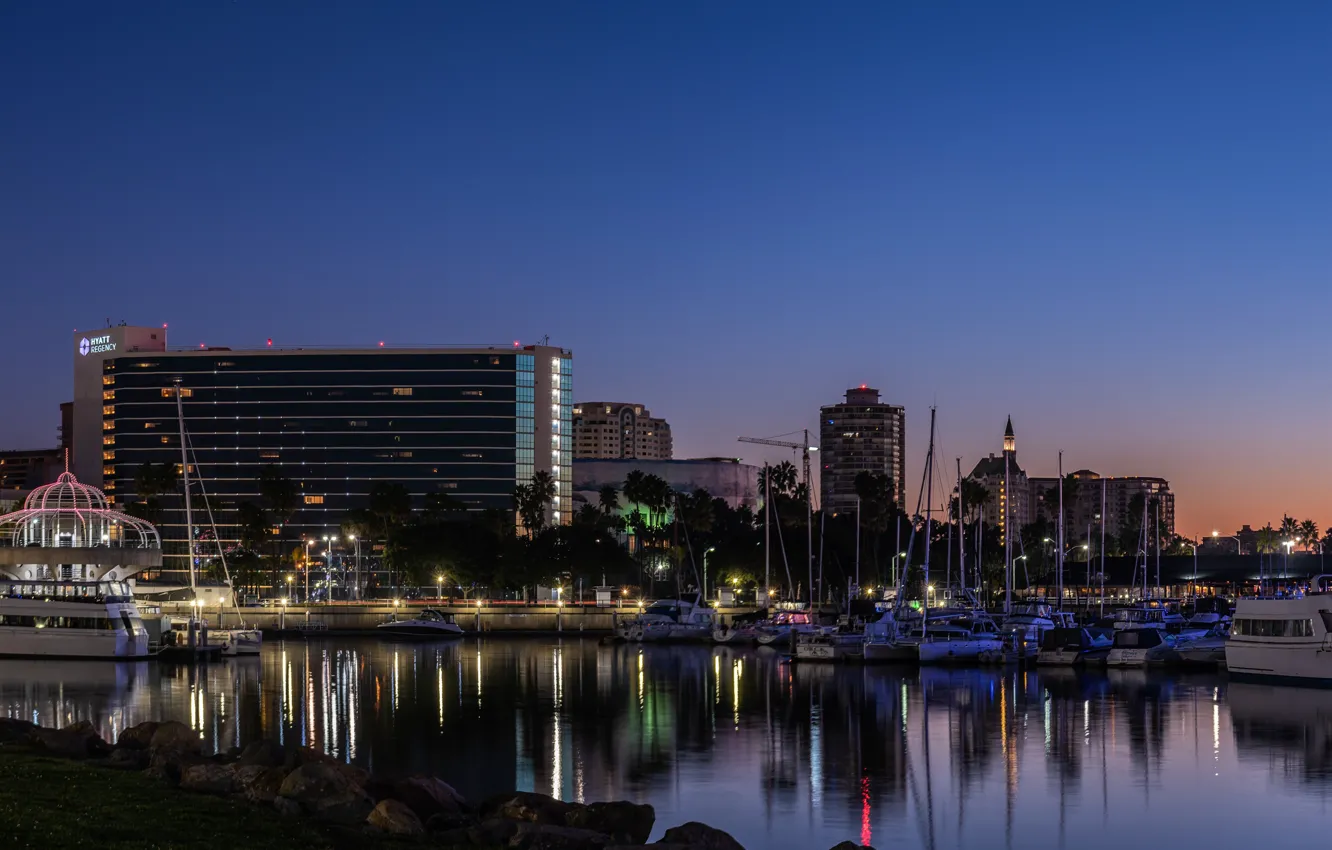 Photo wallpaper lights, boat, the evening, pier, CA, Shoreline Village