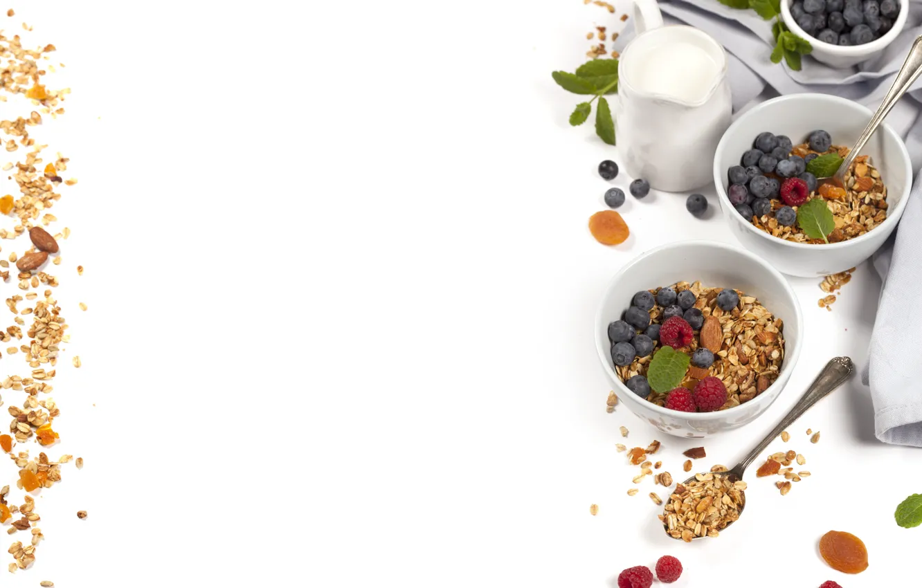 Photo wallpaper berries, Breakfast, milk, honey, muesli, Bondarenko Rimma