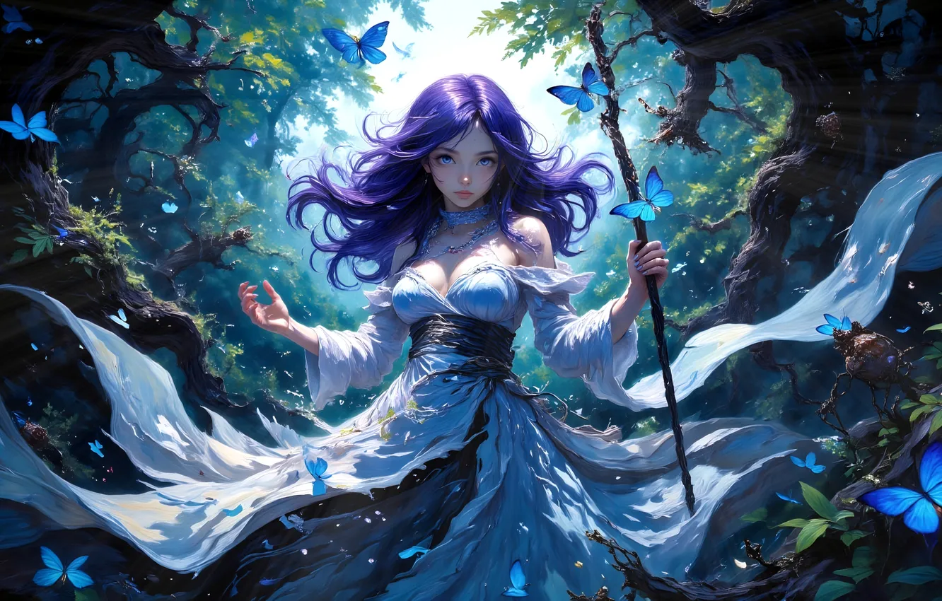Photo wallpaper forest, butterfly, dress, fairy, staff, sorceress, digital art, digital art