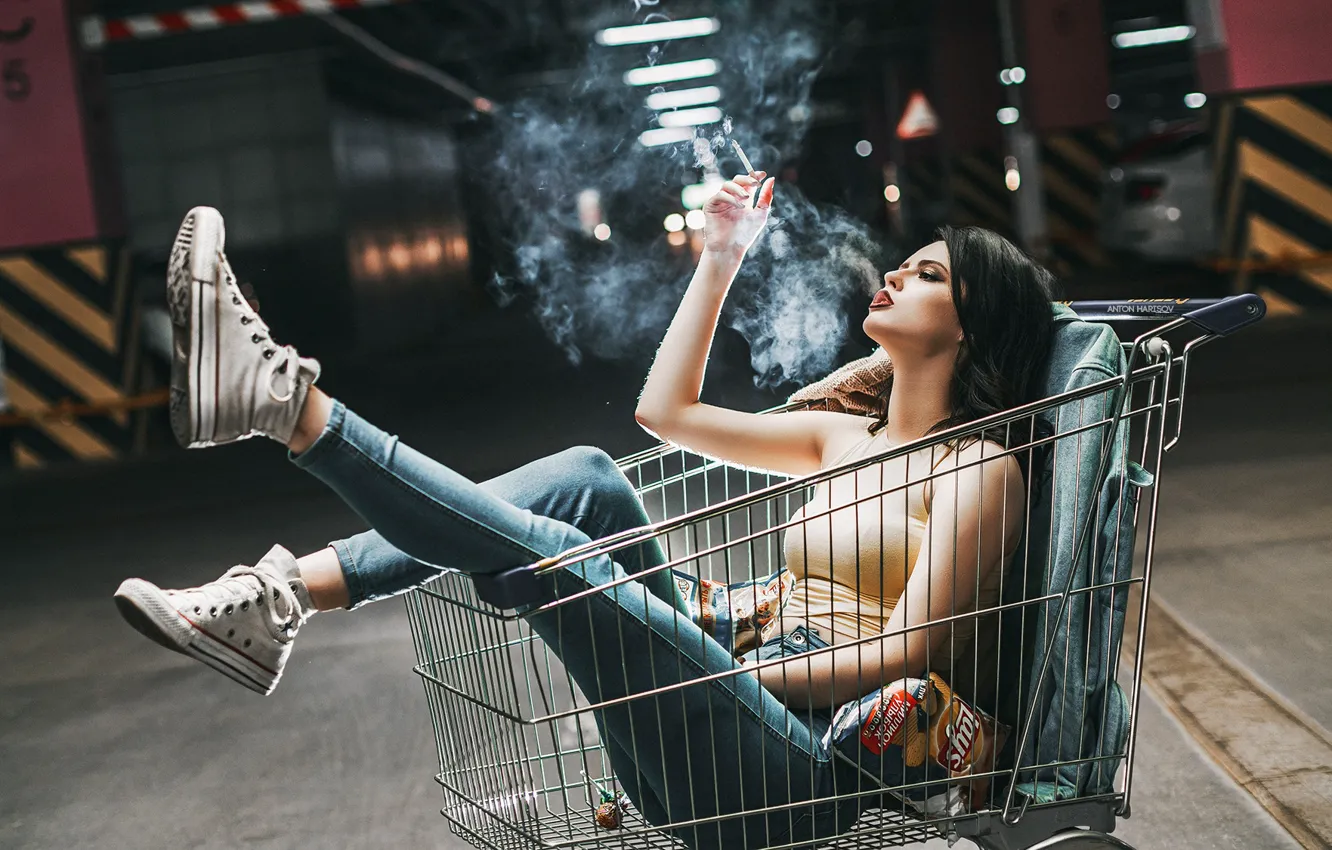 Photo wallpaper girl, pose, mood, feet, sneakers, the situation, jeans, cigarette