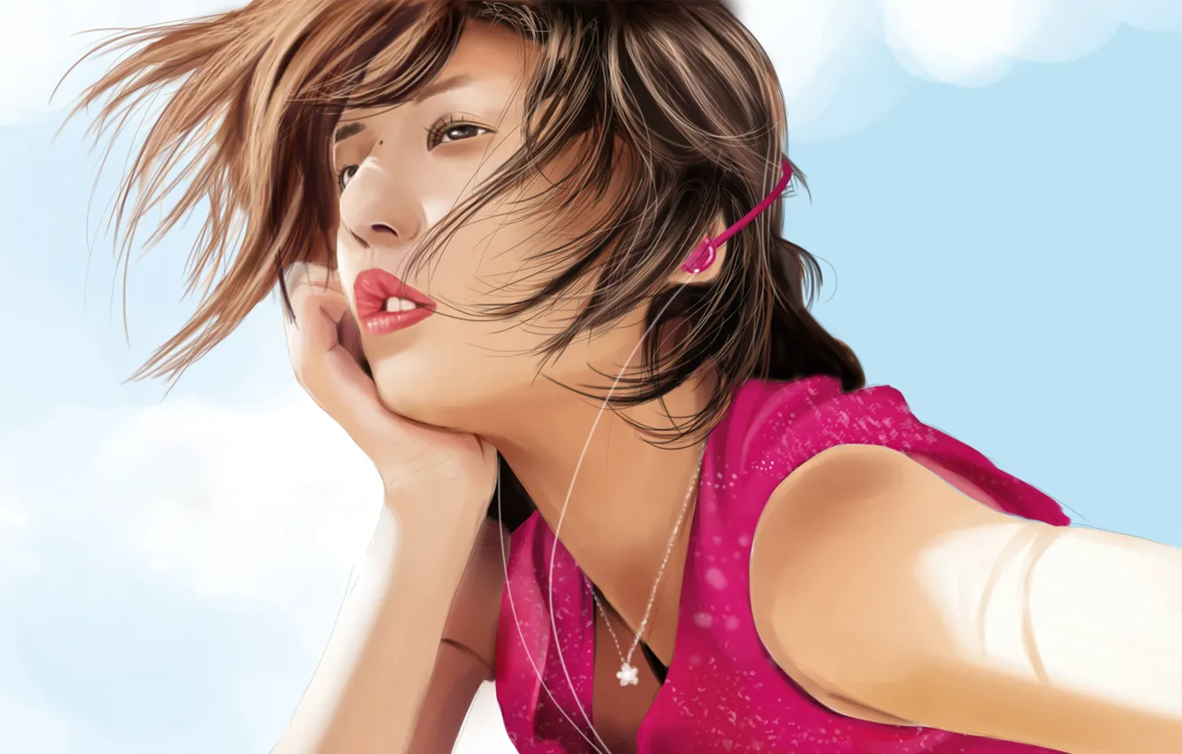 Photo wallpaper girl, clouds, reverie, music, headphones, art, pendant