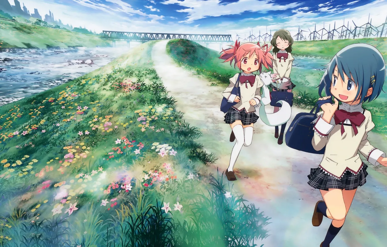 Photo wallpaper grass, flowers, bridge, river, anime, girl, form, Goroka