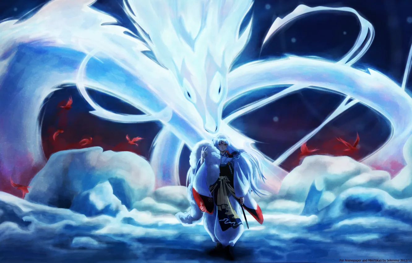 Photo wallpaper bird, magic, dragon, anime, art, fur, guy, InuYasha
