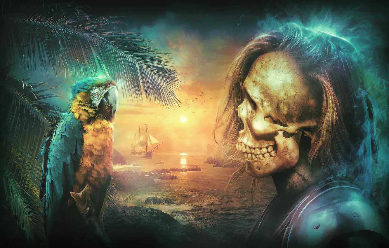 Photo wallpaper sea, sunset, palm trees, creative, hair, skull, pirate, beautiful
