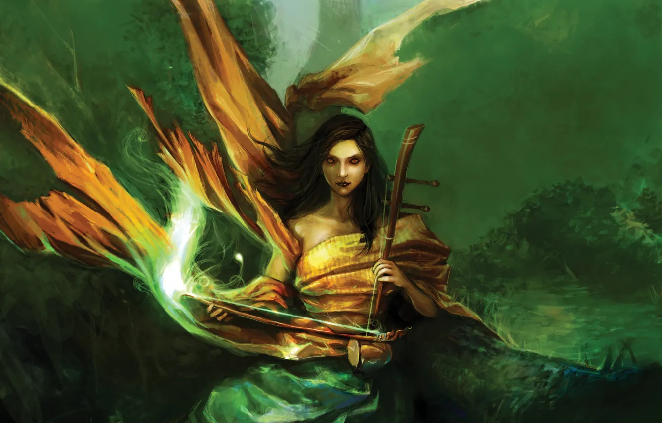 Photo wallpaper look, leaves, girl, trees, face, music, fiction, the wind