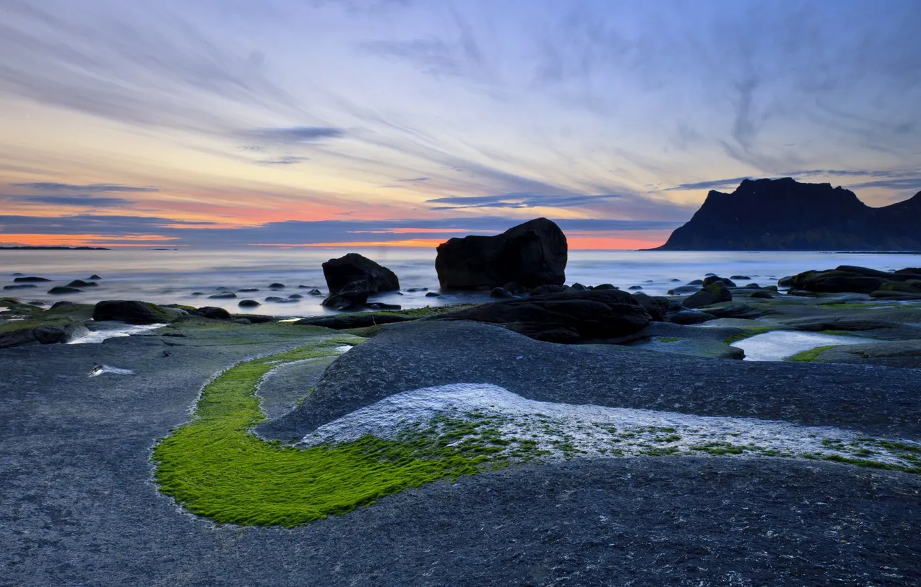 Photo wallpaper sea, the sky, clouds, algae, mountains, stones, the ocean, rocks