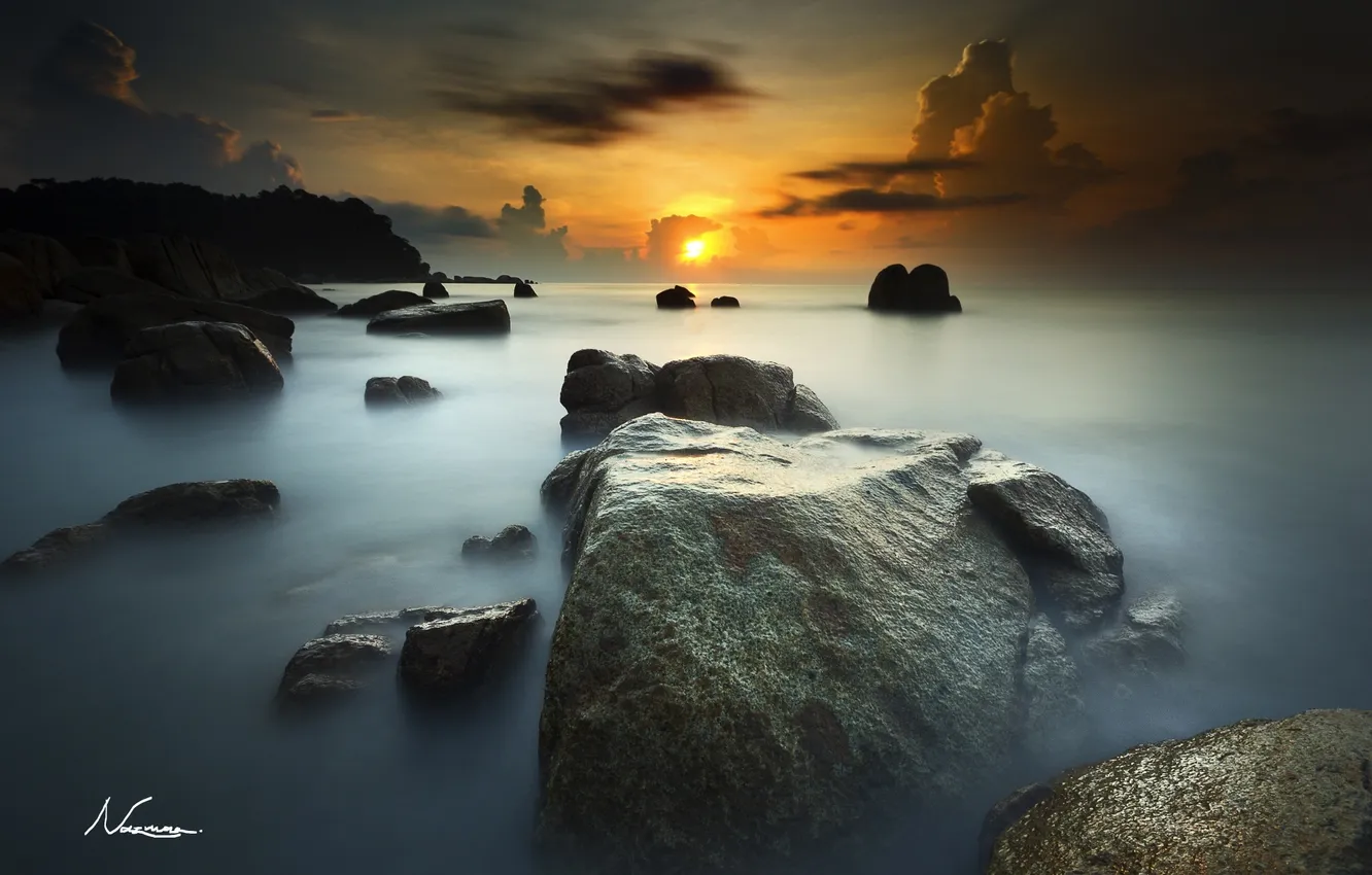 Photo wallpaper the sun, stones, the ocean, dawn, horizon