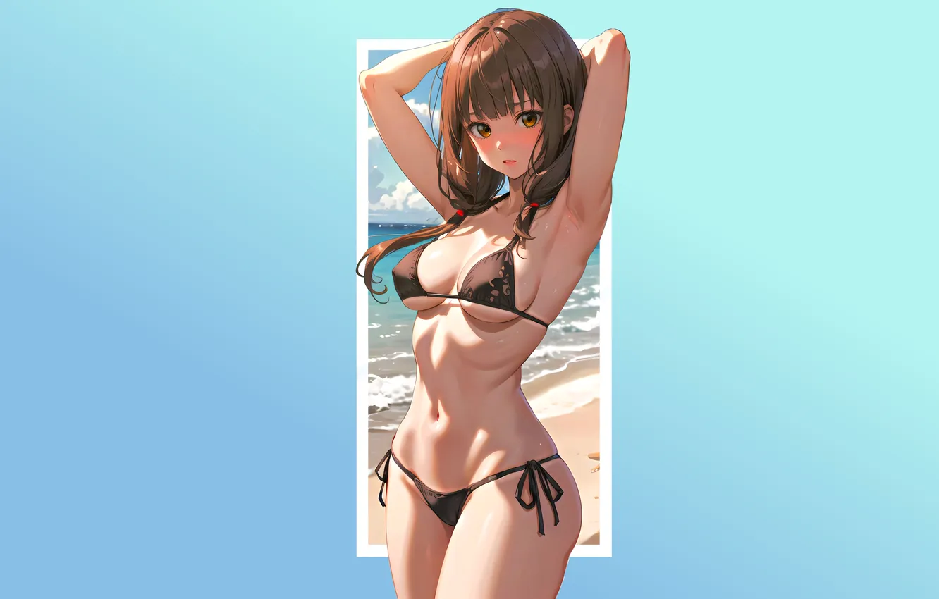 Photo wallpaper kawaii, girl, hot, sexy, Stretch, cleavage, beach, ocean