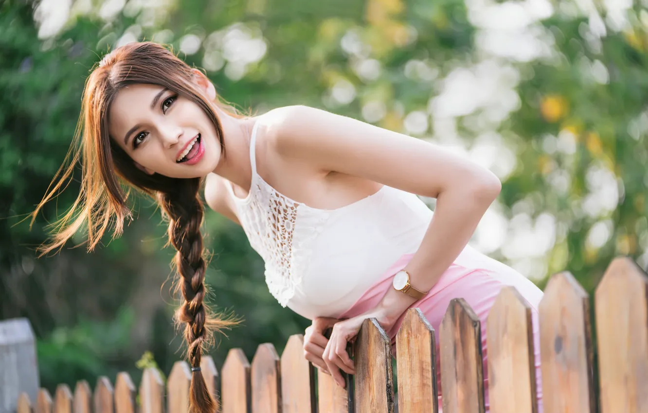 Photo wallpaper summer, girl, face, sweetheart, hair, the fence, braid