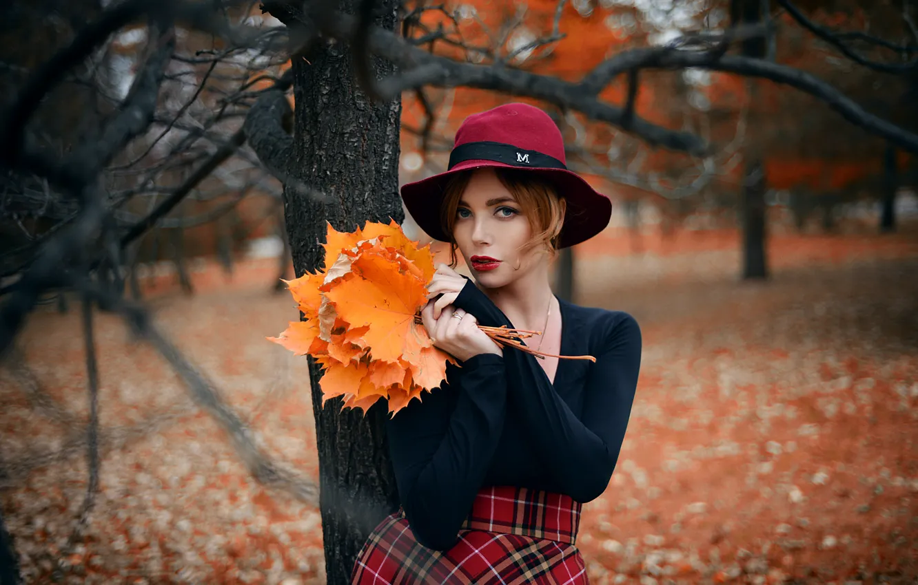 Photo wallpaper autumn, leaves, girl, trees, skirt, bouquet, hat, makeup