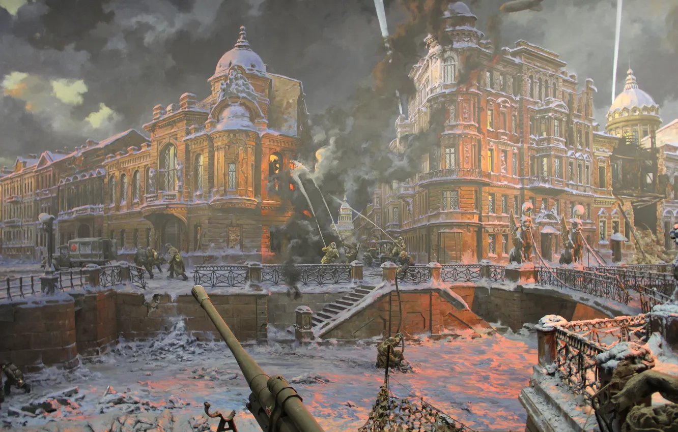 Photo wallpaper Home, War, Street, People, Fire, Picture, The airship, Moscow